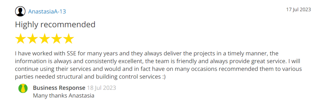 lovely testimonial from anastasia on sussex structural engineers yell profile